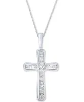 Diamond Baguette Cross Adjustable Pendant Necklace (1/5 ct. t.w) 10k White or Yellow Gold