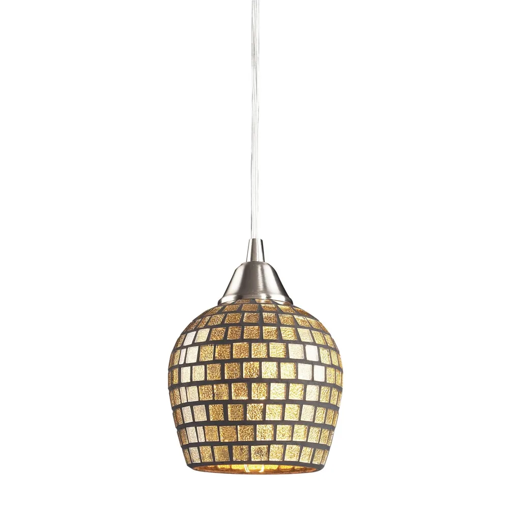 Fusion Collection 1-Light Mosaic Glss Pendant in Satin Nickel with A Gold Leaf M