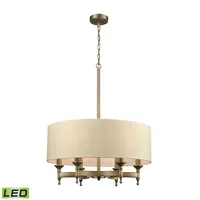 Pembroke 6 Light Chandelier in Brushed Antique Brass with A Light Tan Fabric Shade