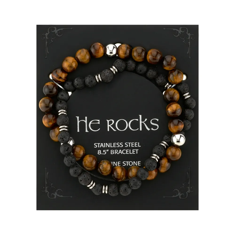 He Rocks Tiger Eye Stone and Black Lava Bead Double Bracelet with Stainless Steel Beads, 8.5"