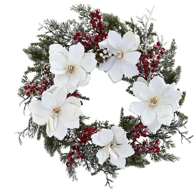 Nearly Natural 22" Snowed Magnolia & Berry Wreath