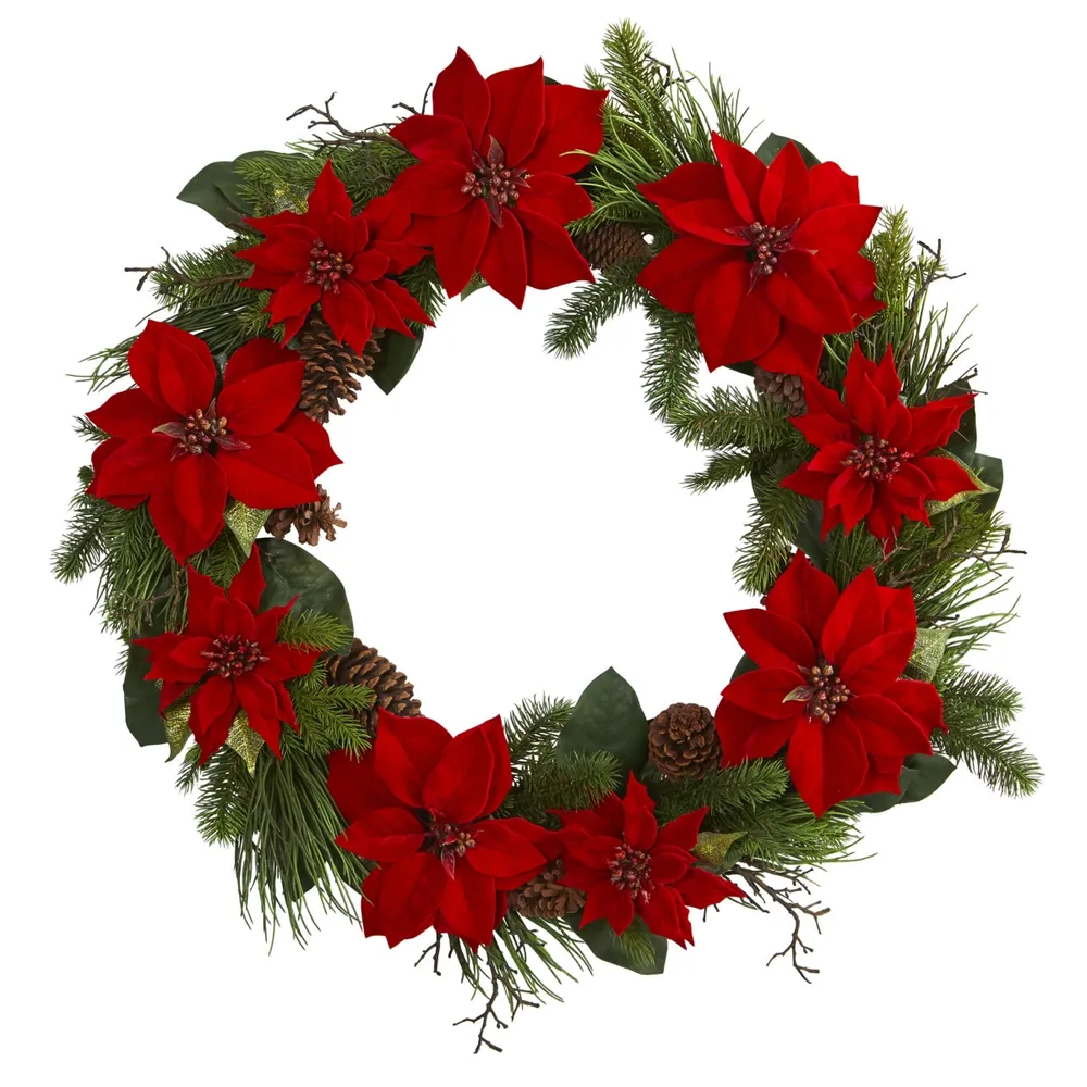 Nearly Natural 36" Poinsettia & Pine Wreath