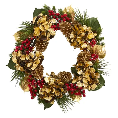 Nearly Natural 24" Golden Hydrangea w/Berries & Pine Artificial Wreath