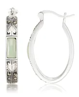 Jade (7.5 x 5.3mm) & Marcasite Oval Hoop Earrings in Sterling Silver