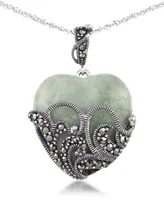 Green Jade (24 x 24mm) & Marcasite Heart Pendant on 18" Chain in Sterling Silver