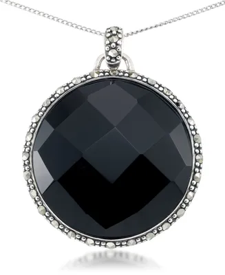 Faceted Onyx (28 x 5mm) & Marcasite Medallion Pendant on 18" Chain in Sterling Silver