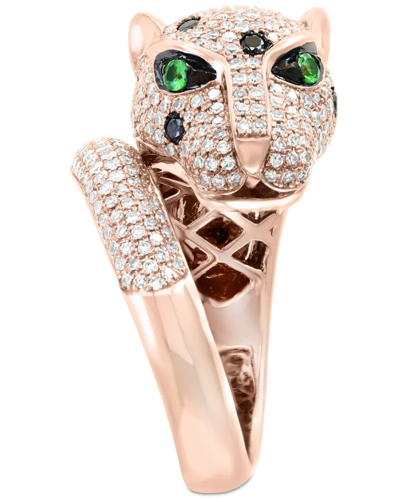 Effy Black & White Diamond (1-1/2 ct. t.w.) & Tsavorite (1/20 ct. t.w.) Signature Panther Ring in 14k Gold & Rose Gold