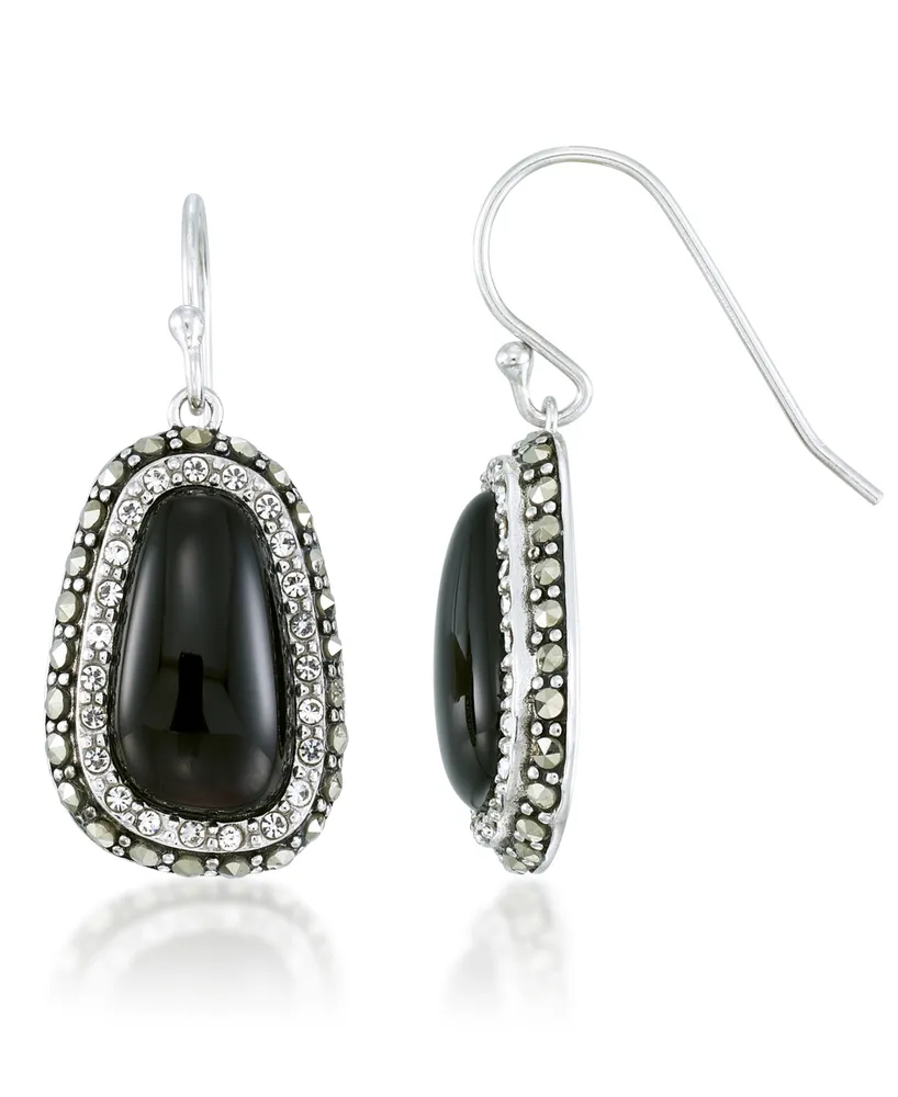 Onyx (16x9mm), Crystal & Marcasite Earrings in Sterling Silver