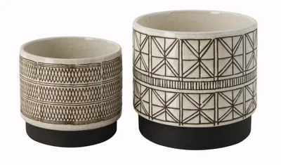 Various Round Decorative Stoneware Planters with Geometric Lines, Brown and White, Set of 2