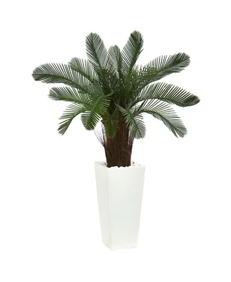 Nearly Natural 40" Cycas Artificial Tree in White Tower Planter Uv Resistant