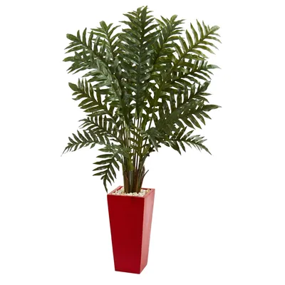 Nearly Natural 4.5' Evergreen Artificial Plant in Red Tower Vase