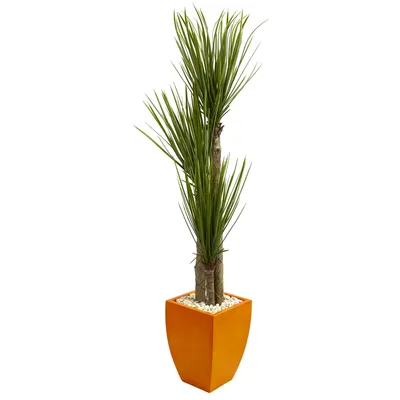 Nearly Natural 5.5' Triple Stalk Yucca Artificial Plant in Orange Planter