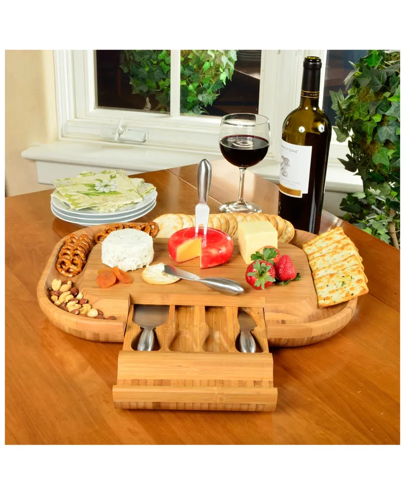 Picnic at Ascot Malvern Deluxe Bamboo Cheese Board with Cracker Rim and 4 Tools