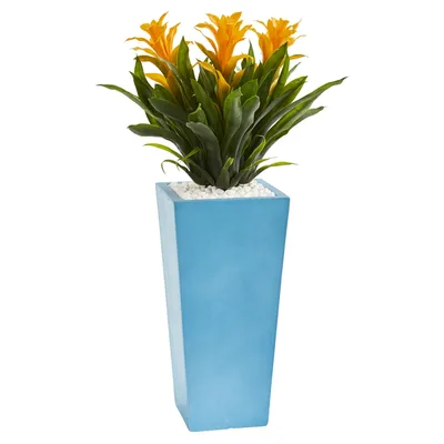 Nearly Natural 26" Triple Bromeliad Artificial Plant in Turquoise Tower Vase