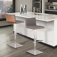 Cafe Adjustable Height Swivel Gray Artificial leather and Walnut Wood Bar Stool with Brushed Stainless Steel Base