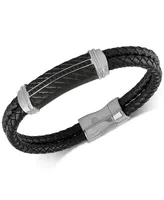 Esquire Men's Jewelry Diamond & Leather Bracelet in Stainless Steel & Black Ion-Plate, Created for Macy's