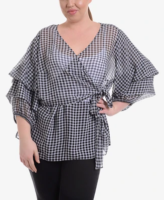 Ny Collection Plus Gingham-Print Wrap Top