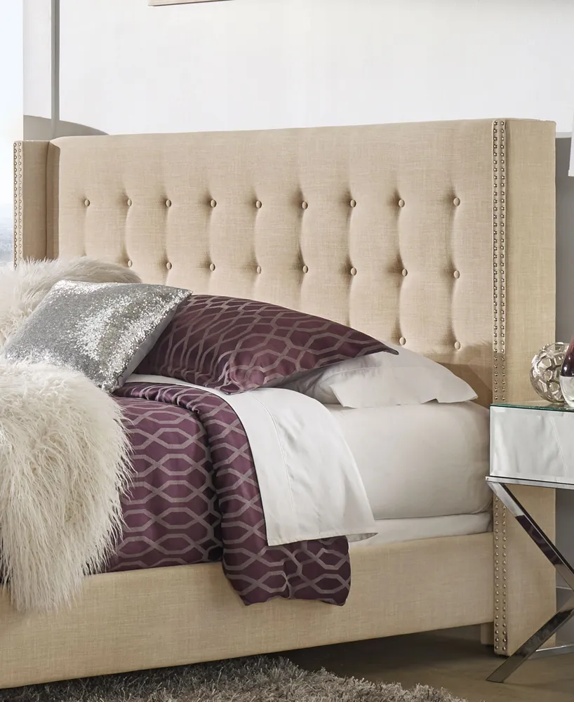 Amelina Tufted Beige Linen Nailhead Wingback Headboard, King