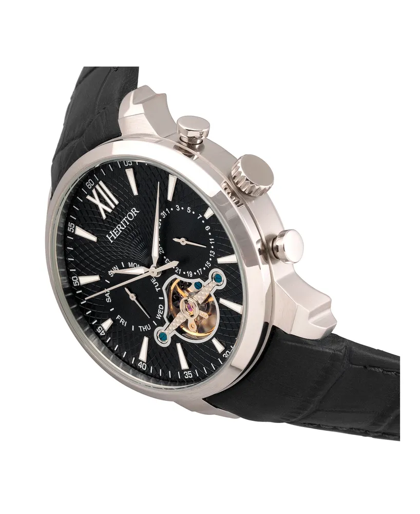 Heritor Automatic Arthur Silver Case, Black Dial, Genuine Black Leather Watch 45mm