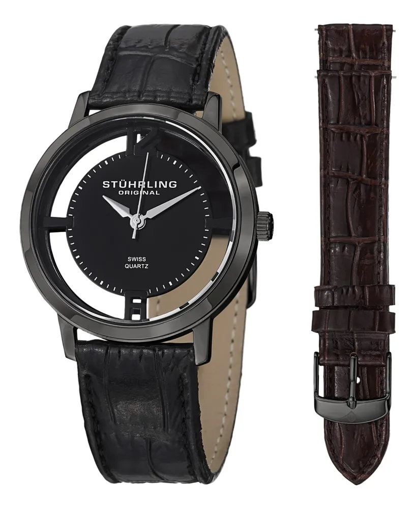 Stuhrling Stainless Steel Black Pvd Case on Black Alligator Embossed Genuine Leather Interchangeable Strap with Additional Brown Alligator Embossed St