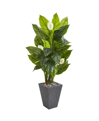 Nearly Natural 63" Spathiphyllum Artificial Plant in Slate Planter (Real Touch)