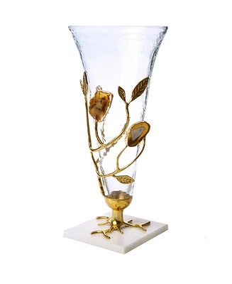 Classic Touch 15" Glass Vase with Leaf and Agate Stone Design