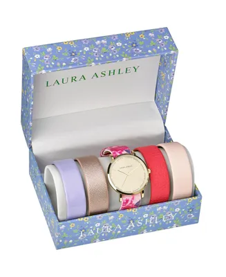 Laura Ashley Gold Slidethrough Interchangeable Sleek Dial Floral Straps Set Watch