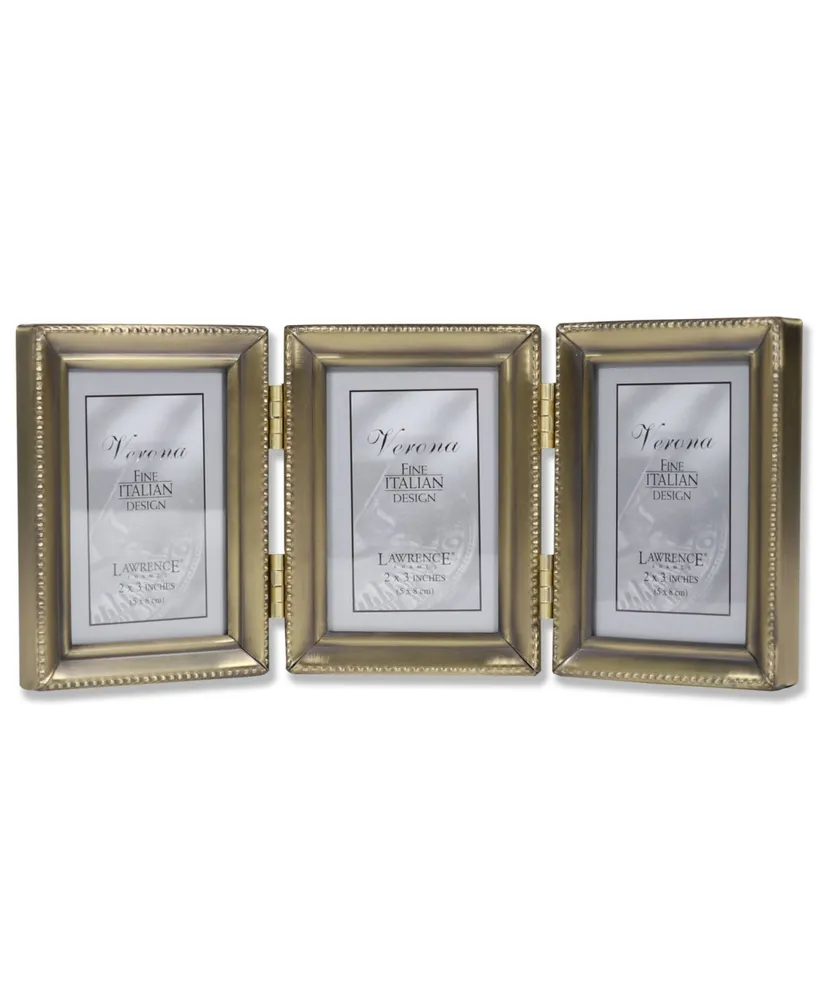 Lawrence Frames Antique Gold Brass Hinged Triple Picture Frame - Beaded Edge Design - 2" x 3"