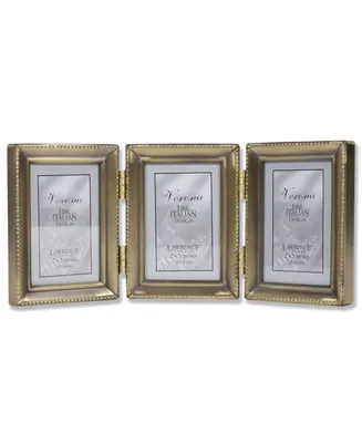 Lawrence Frames Antique Gold Brass Hinged Triple Picture Frame - Beaded Edge Design - 2" x 3"