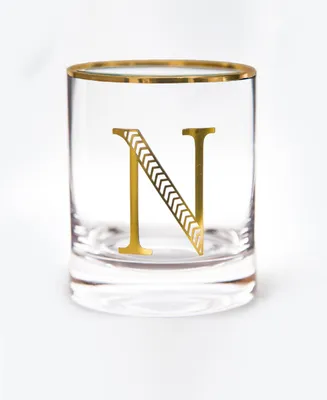 Qualia Glass Monogram Rim and Letter N Double Old Fashioned Glasses, Set Of 4