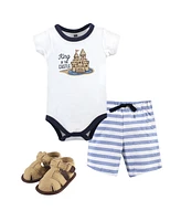 Hudson Baby Boys Cotton Bodysuit, Shorts and Shoe 3pc Set, Seagull, 9-12 Months