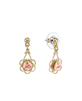 2028 Gold-Tone Porcelain Rose Drop Earrings