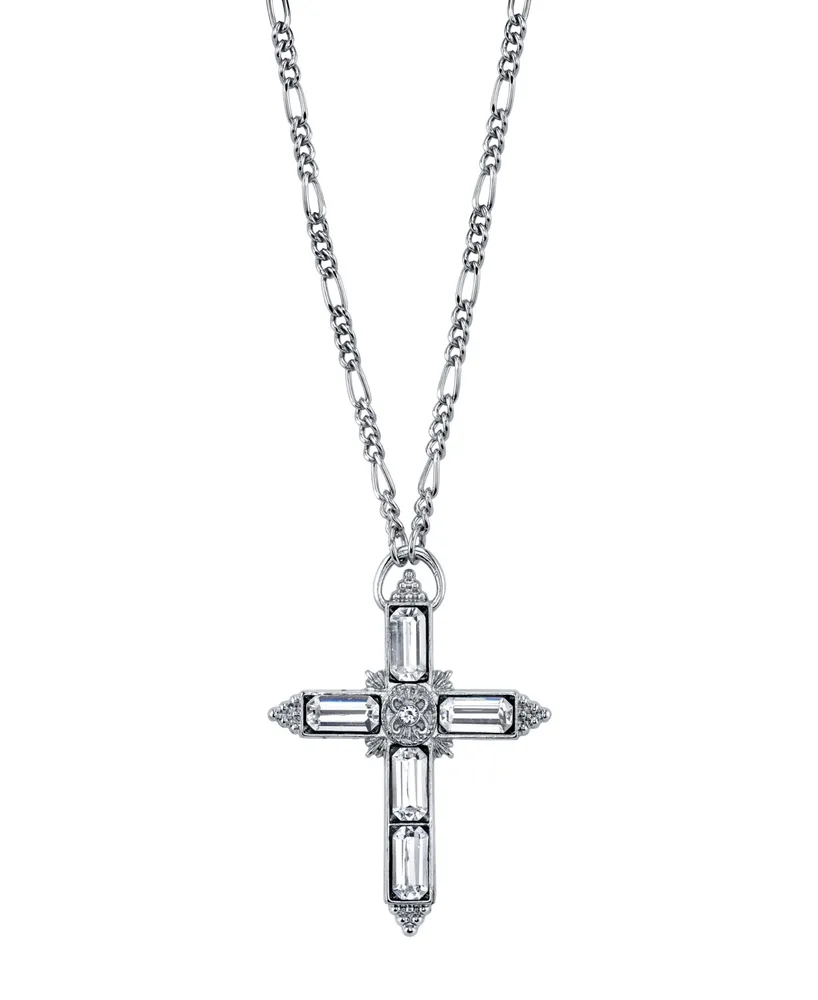 2028 Silver Tone Large Crystal Cross Pendant Necklace 28"