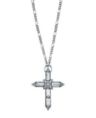 2028 Silver Tone Large Crystal Cross Pendant Necklace 28"