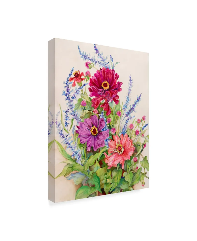 Joanne Porter 'Zinnias And Blue Salvias' Canvas Art - 35" x 47"