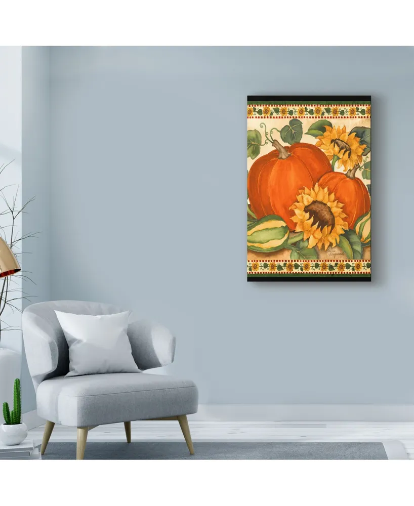 Laurie Korsgaden 'Two Pumpkins Sunflowers' Canvas Art - 22" x 32"