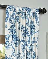 Half Price Drapes Indonesian Blue Floral Printed Cotton Room Darkening Curtain