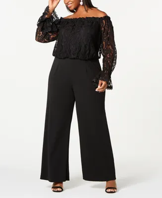 Adrianna Papell Plus Off-The-Shoulder Lace Jumpsuit