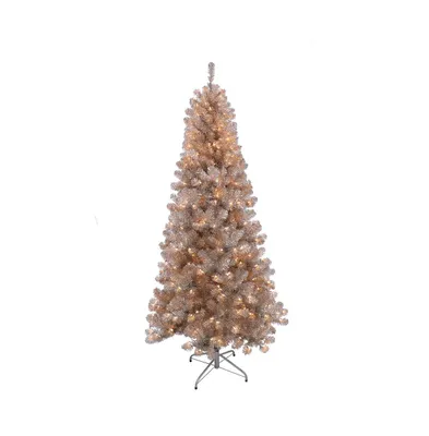 Puleo International 6.5 ft. Rose Gold Tinsel Artificial Christmas Tree with 300 Ul- Listed Lights