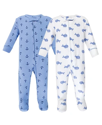 Hudson Baby Boys Cotton Zipper Sleep and Play 2pk, Blue Whales, 0-3 Months