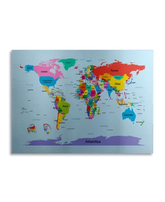Michael Tompsett Childrens World Map Floating Brushed Aluminum Art - 22" x 25"