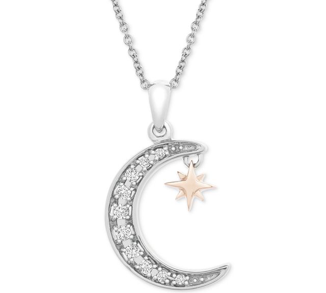 Diamond Crescent Moon & Star 20" Pendant Necklace (1/10 ct. t.w.) in Sterling Silver & 14k Gold-Plate