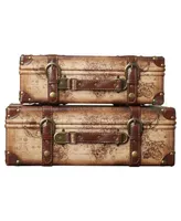 Vintiquewise Old World Map Leather Vintage-Like Style Suitcase with Straps, Set of 2