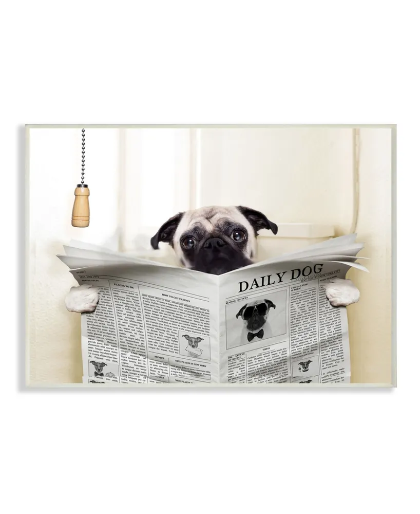 Stupell Industries Pug Reading Newspaper in Bathroom Wall Plaque Art, 10" x 15"