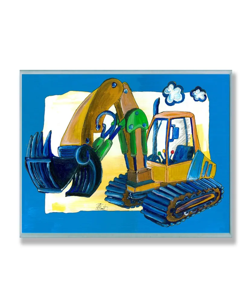 Stupell Industries The Kids Room Yellow Excavator with Blue Border Wall Plaque Art, 12.5" x 18.5"