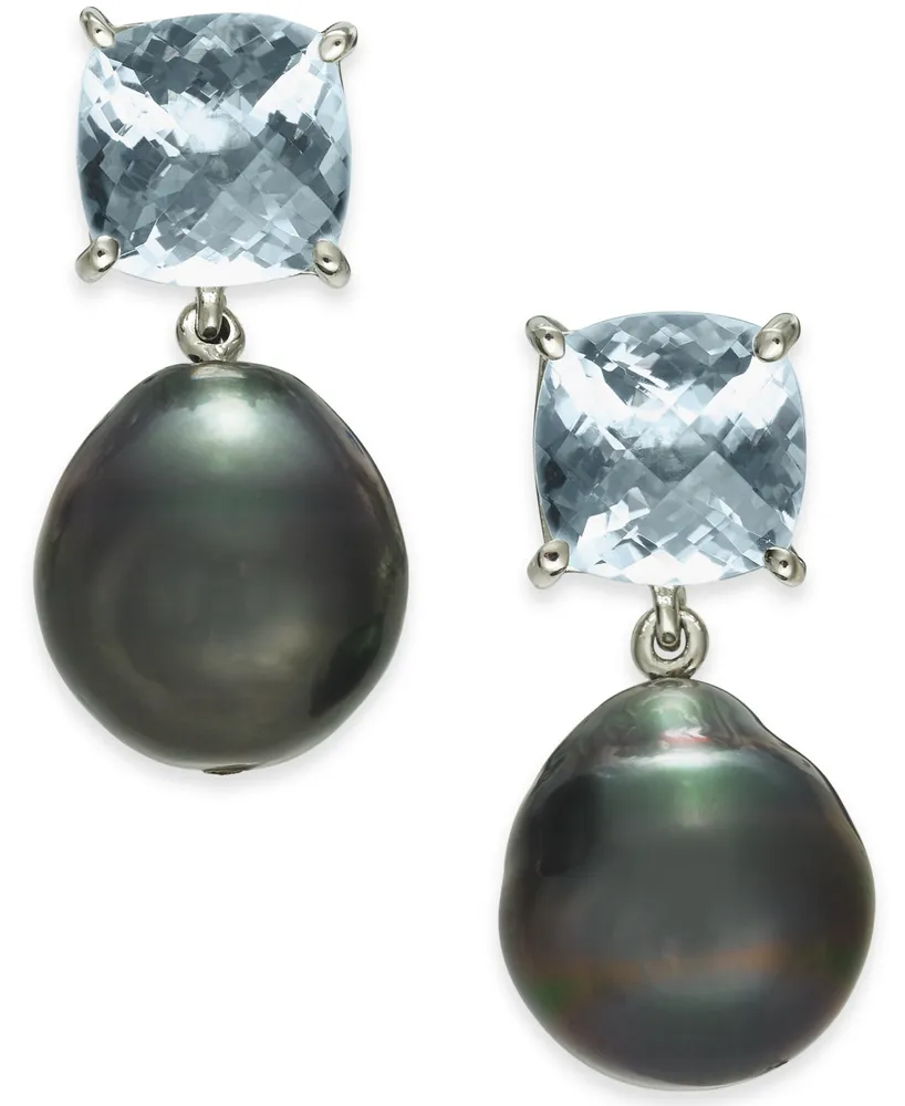 Cultured Tahitian Pearl (12mm) & Aquamarine (5 ct. t.w.) Drop Earrings in Sterling Silver