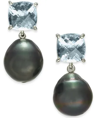 Cultured Tahitian Pearl (12mm) & Aquamarine (5 ct. t.w.) Drop Earrings in Sterling Silver