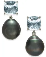 Cultured Tahitian Pearl (12mm) & Aquamarine (5 ct. t.w.) Drop Earrings in Sterling Silver