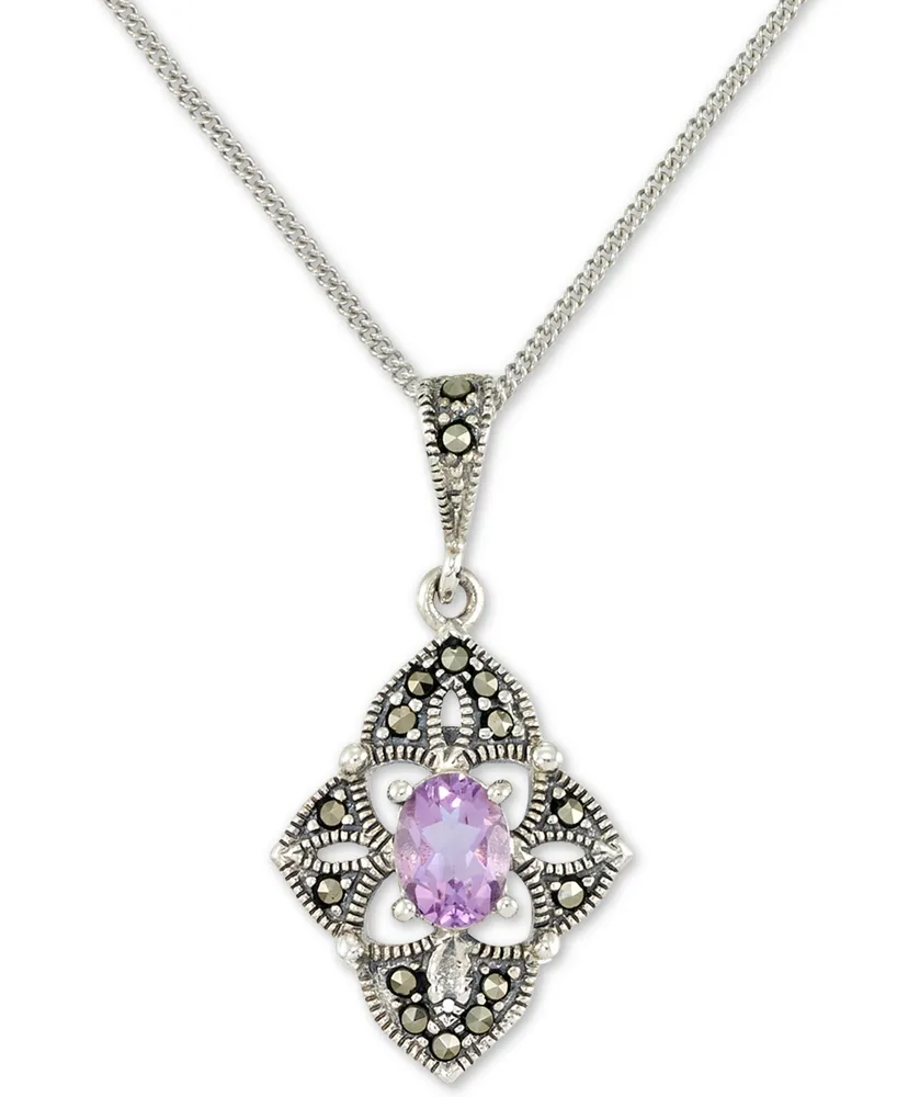 Amethyst (1/2 ct. t.w.) & Marcasite Flower 18" Pendant Necklace in Sterling Silver