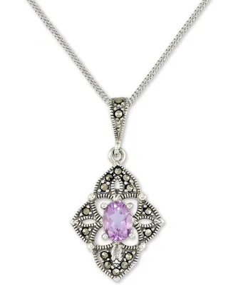 Amethyst (1/2 ct. t.w.) & Marcasite Flower 18" Pendant Necklace in Sterling Silver